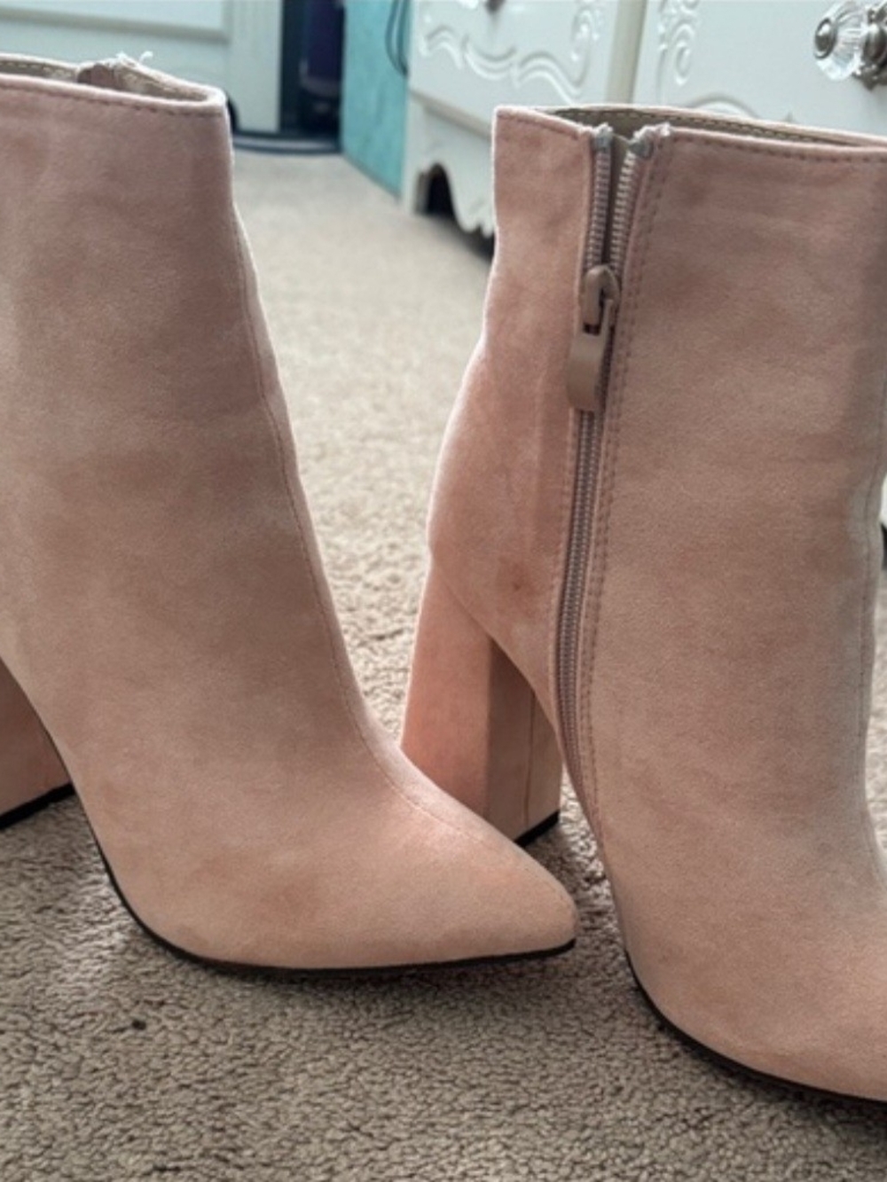Women’s Blush Suede Ankle Booties - Classic Side-Zip Block Heel